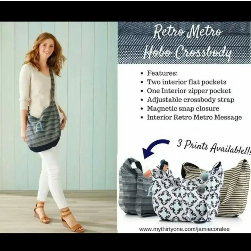 Women's Thirty-One Retro Metro Navy Striped Hobo Cross Body Bag